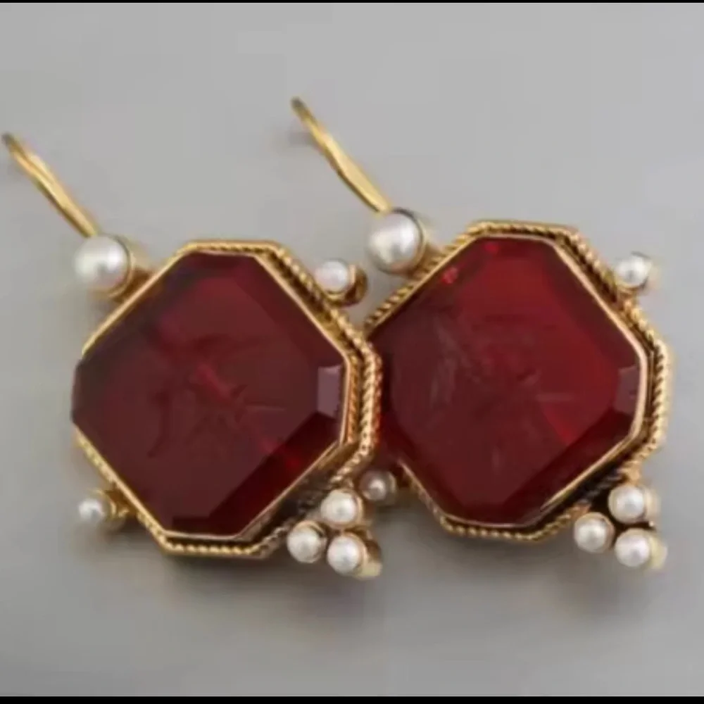 Anthropologie Gold and Deep Red Earrings